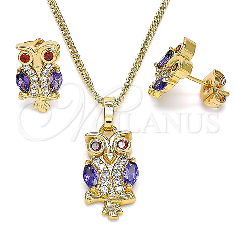 Juego de Arete y Dije de Adulto 10.210.0123.2 Oro Laminado, Diseño de Búho, con Amatista and Granate Zirconia Cubica, Pulido, Tono Dorado