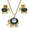 Juego de Arete y Dije de Adulto 10.210.0125.1 Oro Laminado, Diseño de Elefante, con Negro Zirconia Cubica and Blanca Micro Pave, Pulido, Tono Dorado