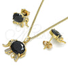 Juego de Arete y Dije de Adulto 10.210.0125.1 Oro Laminado, Diseño de Elefante, con Negro Zirconia Cubica and Blanca Micro Pave, Pulido, Tono Dorado
