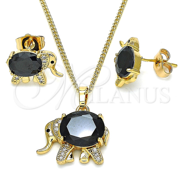 Juego de Arete y Dije de Adulto 10.210.0125.1 Oro Laminado, Diseño de Elefante, con Negro Zirconia Cubica and Blanca Micro Pave, Pulido, Tono Dorado