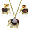 Juego de Arete y Dije de Adulto 10.210.0125.2 Oro Laminado, Diseño de Elefante, con Granate Zirconia Cubica and Blanca Micro Pave, Pulido, Tono Dorado