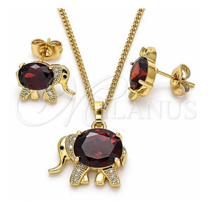 Juego de Arete y Dije de Adulto 10.210.0125.2 Oro Laminado, Diseño de Elefante, con Granate Zirconia Cubica and Blanca Micro Pave, Pulido, Tono Dorado