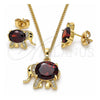 Juego de Arete y Dije de Adulto 10.210.0125.2 Oro Laminado, Diseño de Elefante, con Granate Zirconia Cubica and Blanca Micro Pave, Pulido, Tono Dorado