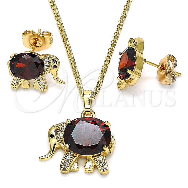 Juego de Arete y Dije de Adulto 10.210.0125.2 Oro Laminado, Diseño de Elefante, con Granate Zirconia Cubica and Blanca Micro Pave, Pulido, Tono Dorado