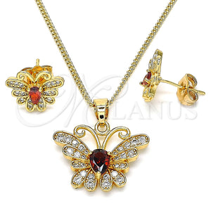 Juego de Arete y Dije de Adulto 10.210.0128.2 Oro Laminado, Diseño de Mariposa, con Granate Zirconia Cubica and Blanca Micro Pave, Pulido, Tono Dorado