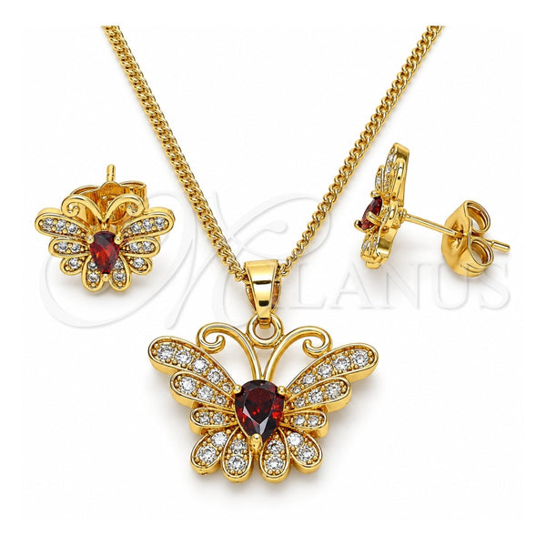 Juego de Arete y Dije de Adulto 10.210.0128.2 Oro Laminado, Diseño de Mariposa, con Granate Zirconia Cubica and Blanca Micro Pave, Pulido, Tono Dorado