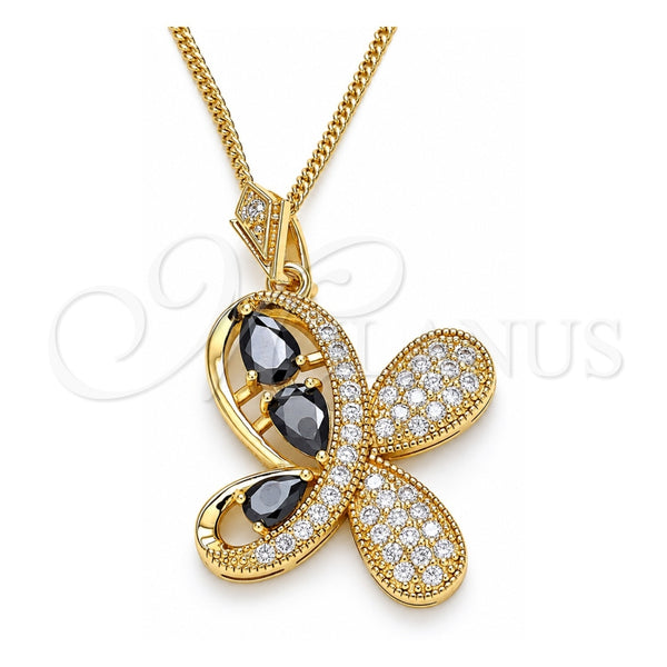 Collares con Dije 04.323.0012.2.20 Oro Laminado, Diseño de Mariposa y Gota, con Zirconia Cubica Negro y Micro Pave Blanca, Pulido, Tono Dorado (Grosor 02 MM, 20 Pulgadas de Largo)