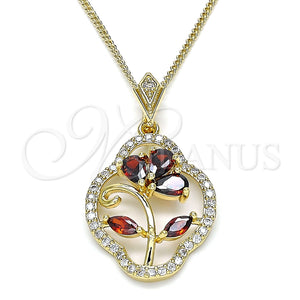 Collares con Dije 04.323.0002.1.20 Oro Laminado, Diseño de Flor y Gota, con Granate Zirconia Cubica and Blanca Micro Pave, Pulido, Tono Dorado (02 MM Thickness, 20 Inches Length)