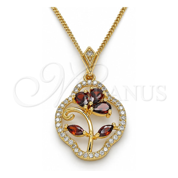 Collares con Dije 04.323.0002.1.20 Oro Laminado, Diseño de Flor y Gota, con Zirconia Cubica Granate y Micro Pave Blanca, Pulido, Tono Dorado (Grosor 02 MM, 20 Pulgadas de Largo)