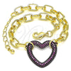 Pulsera Elegante 03.341.0054.2.07 Oro Laminado, Diseño de Paperclip y Corazón, con Granate Micro Pave, Pulido, Rodinado Negro (06 MM Thickness, 7 Inches Length)