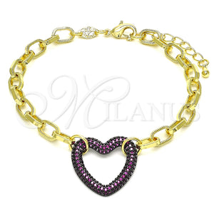 Pulsera Elegante 03.341.0054.2.07 Oro Laminado, Diseño de Paperclip y Corazón, con Granate Micro Pave, Pulido, Rodinado Negro (06 MM Thickness, 7 Inches Length)
