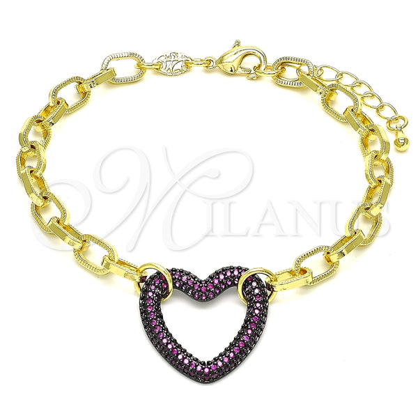 Pulsera Elegante 03.341.0054.2.07 Oro Laminado, Diseño de Paperclip y Corazón, con Granate Micro Pave, Pulido, Rodinado Negro (06 MM Thickness, 7 Inches Length)