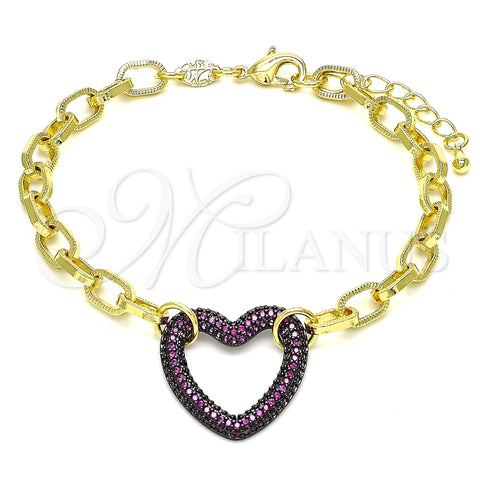 Pulsera Elegante 03.341.0054.2.07 Oro Laminado, Diseño de Paperclip y Corazón, con Granate Micro Pave, Pulido, Rodinado Negro (06 MM Thickness, 7 Inches Length)