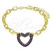 Pulsera Elegante 03.341.0054.2.07 Oro Laminado, Diseño de Paperclip y Corazón, con Granate Micro Pave, Pulido, Rodinado Negro (06 MM Thickness, 7 Inches Length)