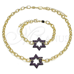 Collar y Pulsera 06.341.0003.2 Oro Laminado, Diseño de Paperclip y Estrella de Davi, con Rubi Micro Pave, Pulido, Rodinado Negro