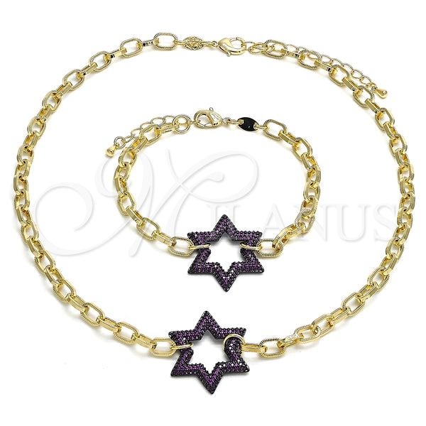 Collar y Pulsera 06.341.0003.2 Oro Laminado, Diseño de Paperclip y Estrella de Davi, con Rubi Micro Pave, Pulido, Rodinado Negro
