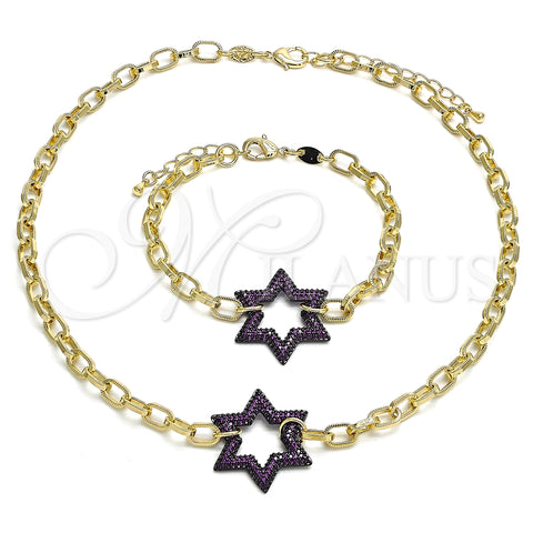 Collar y Pulsera 06.341.0003.2 Oro Laminado, Diseño de Paperclip y Estrella de Davi, con Rubi Micro Pave, Pulido, Rodinado Negro