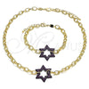 Collar y Pulsera 06.341.0003.2 Oro Laminado, Diseño de Paperclip y Estrella de Davi, con Rubi Micro Pave, Pulido, Rodinado Negro