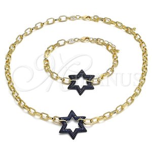 Collar y Pulsera 06.341.0003.3 Oro Laminado, Diseño de Paperclip y Estrella de Davi, con Zafiro Azul Micro Pave, Pulido, Rodinado Negro