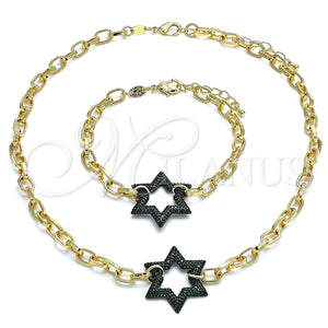 Collar y Pulsera 06.341.0003.4 Oro Laminado, Diseño de Paperclip y Estrella de Davi, con Verde Micro Pave, Pulido, Rodinado Negro