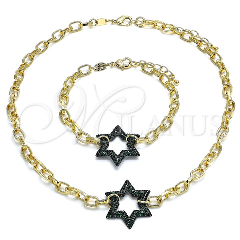 Collar y Pulsera 06.341.0003.4 Oro Laminado, Diseño de Paperclip y Estrella de Davi, con Verde Micro Pave, Pulido, Rodinado Negro