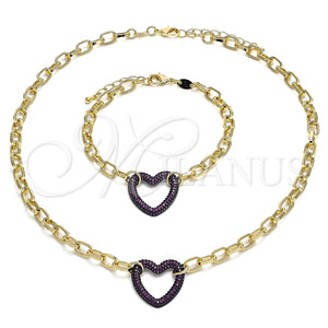 Collar y Pulsera 06.341.0004.2 Oro Laminado, Diseño de Paperclip y Corazón, con Rubi Micro Pave, Pulido, Rodinado Negro