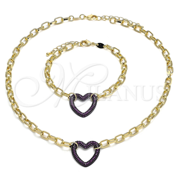 Collar y Pulsera 06.341.0004.2 Oro Laminado, Diseño de Paperclip y Corazón, con Rubi Micro Pave, Pulido, Rodinado Negro