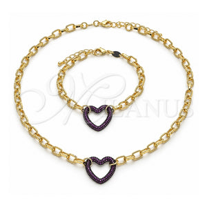 Collar y Pulsera 06.341.0004.2 Oro Laminado, Diseño de Paperclip y Corazón, con Micro Pave Rubi, Pulido, Rodinado Negro