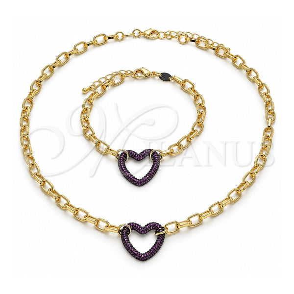 Collar y Pulsera 06.341.0004.2 Oro Laminado, Diseño de Paperclip y Corazón, con Micro Pave Rubi, Pulido, Rodinado Negro