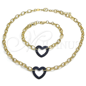 Collar y Pulsera 06.341.0004.3 Oro Laminado, Diseño de Paperclip y Corazón, con Zafiro Azul Micro Pave, Pulido, Rodinado Negro
