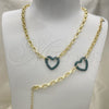 Collar y Pulsera 06.341.0004.4 Oro Laminado, Diseño de Paperclip y Corazón, con Verde Micro Pave, Pulido, Rodinado Negro