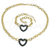 Collar y Pulsera 06.341.0004.4 Oro Laminado, Diseño de Paperclip y Corazón, con Verde Micro Pave, Pulido, Rodinado Negro