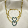 Collar y Pulsera 06.341.0004.4 Oro Laminado, Diseño de Paperclip y Corazón, con Verde Micro Pave, Pulido, Rodinado Negro