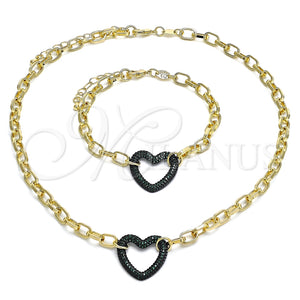 Collar y Pulsera 06.341.0004.4 Oro Laminado, Diseño de Paperclip y Corazón, con Verde Micro Pave, Pulido, Rodinado Negro