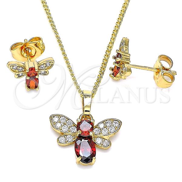 Juego de Arete y Dije de Adulto 10.210.0122.3 Oro Laminado, Diseño de Abeja, con Granate Zirconia Cubica and Blanca Micro Pave, Pulido, Tono Dorado