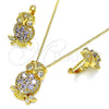 Juego de Arete y Dije de Adulto 10.210.0138 Oro Laminado, Diseño de Búho, con Amatista Zirconia Cubica and Blanca Micro Pave, Pulido, Tono Dorado