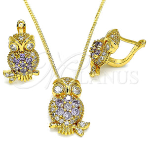 Juego de Arete y Dije de Adulto 10.210.0138 Oro Laminado, Diseño de Búho, con Amatista Zirconia Cubica and Blanca Micro Pave, Pulido, Tono Dorado