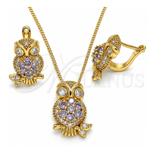 Juego de Arete y Dije de Adulto 10.210.0138 Oro Laminado, Diseño de Búho, con Amatista Zirconia Cubica and Blanca Micro Pave, Pulido, Tono Dorado