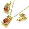 Juego de Arete y Dije de Adulto 10.210.0138.1 Oro Laminado, Diseño de Búho, con Granate Zirconia Cubica and Blanca Micro Pave, Pulido, Tono Dorado