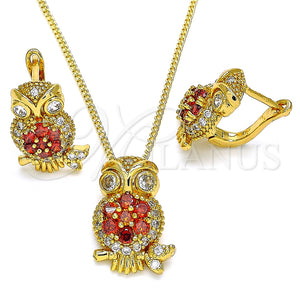 Juego de Arete y Dije de Adulto 10.210.0138.1 Oro Laminado, Diseño de Búho, con Granate Zirconia Cubica and Blanca Micro Pave, Pulido, Tono Dorado
