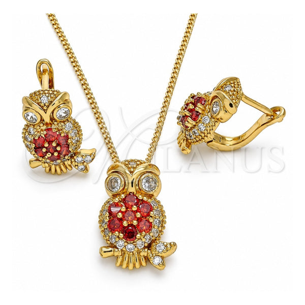 Juego de Arete y Dije de Adulto 10.210.0138.1 Oro Laminado, Diseño de Búho, con Granate Zirconia Cubica and Blanca Micro Pave, Pulido, Tono Dorado