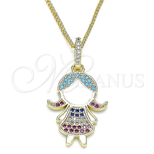 Collares con Dije 04.207.0014.20 Oro Laminado, Diseño de Niñita Pequeña, con Multicolor Micro Pave, Esmaltado Blanco, Tono Dorado (02 MM Thickness, 20 Inches Length)