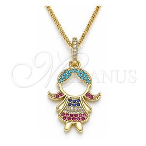 Collares con Dije 04.207.0014.20 Oro Laminado, Diseño de Niñita Pequeña, con Micro Pave Multicolor, Esmaltado Blanco, Tono Dorado (Grosor 02 MM, 20 Pulgadas de Largo)