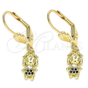 Arete Colgante 02.316.0064.2 Oro Laminado, Diseño de Niñita Pequeña, con Negro Micro Pave, Pulido, Tono Dorado