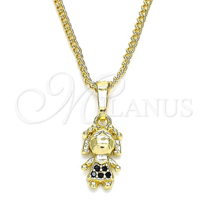Collares con Dije 04.316.0001.2.20 Oro Laminado, Diseño de Niñita Pequeña, con Negro Micro Pave, Pulido, Tono Dorado (02 MM Thickness, 20 Inches Length)