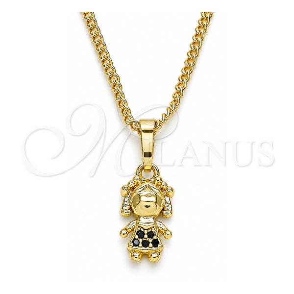 Collares con Dije 04.316.0001.2.20 Oro Laminado, Diseño de Niñita Pequeña, con Negro Micro Pave, Pulido, Tono Dorado (02 MM Thickness, 20 Inches Length)