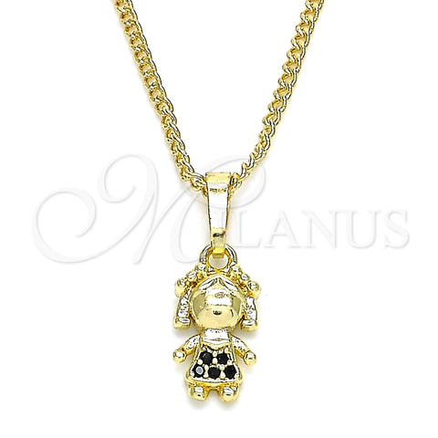 Collares con Dije 04.316.0001.2.20 Oro Laminado, Diseño de Niñita Pequeña, con Negro Micro Pave, Pulido, Tono Dorado (02 MM Thickness, 20 Inches Length)
