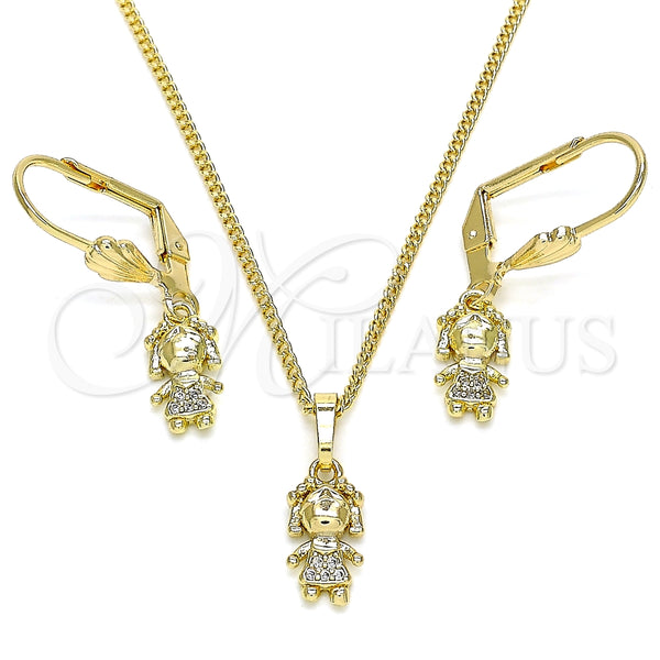 Juego de Arete y Dije de Adulto 10.316.0056 Oro Laminado, Diseño de Niñita Pequeña, con Blanca Micro Pave, Pulido, Tono Dorado