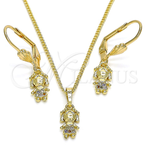 Juego de Arete y Dije de Adulto 10.316.0056.1 Oro Laminado, Diseño de Niñita Pequeña, con Multicolor Micro Pave, Pulido, Tono Dorado