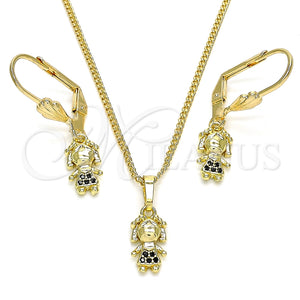 Juego de Arete y Dije de Adulto 10.316.0056.2 Oro Laminado, Diseño de Niñita Pequeña, con Negro Micro Pave, Pulido, Tono Dorado